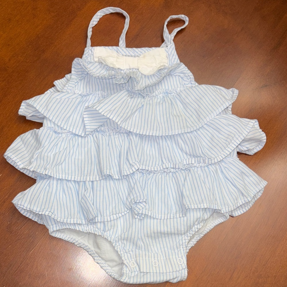 Little Me Blue and White Bow Romper